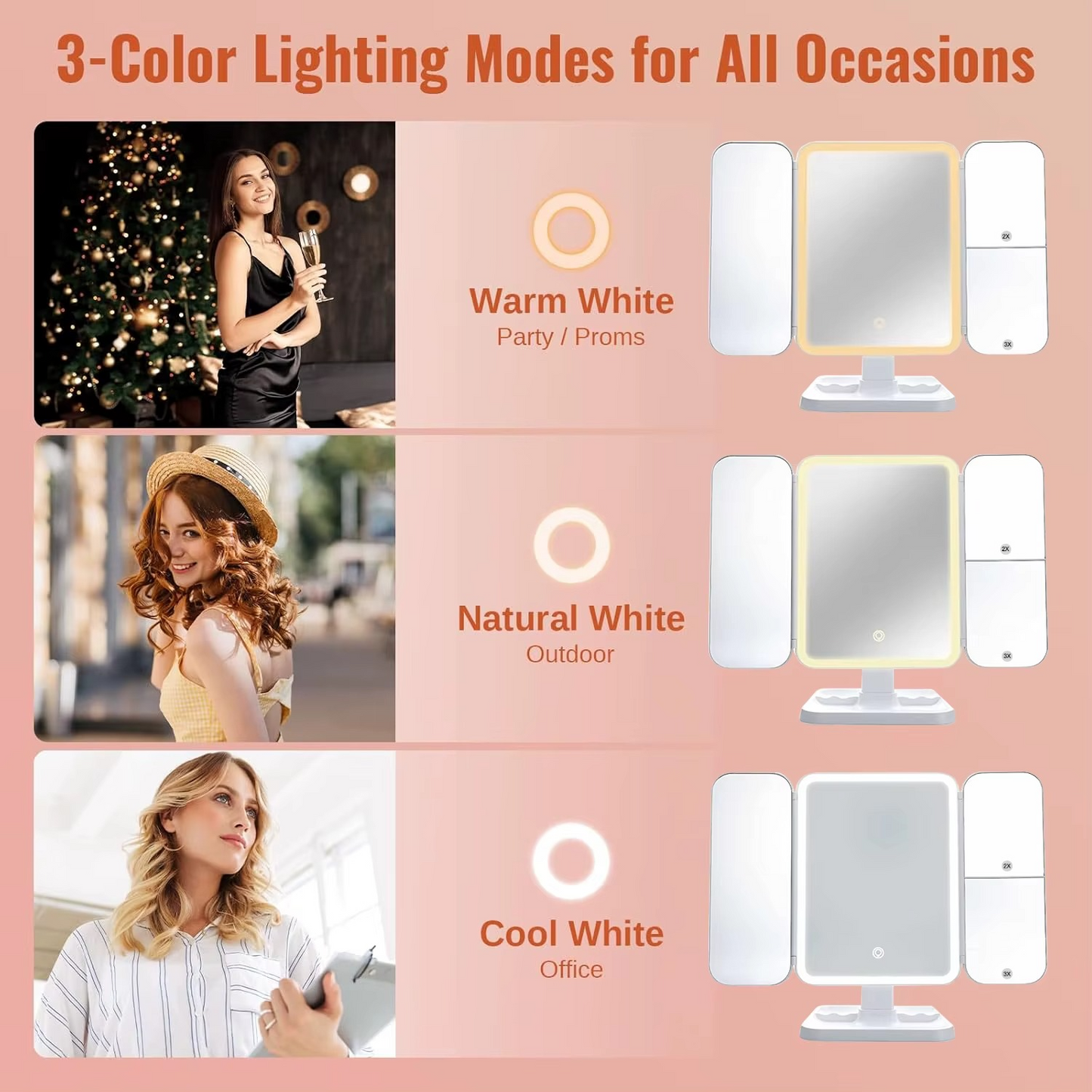 Miroir Maquillage LED Trifold – Rechargeable