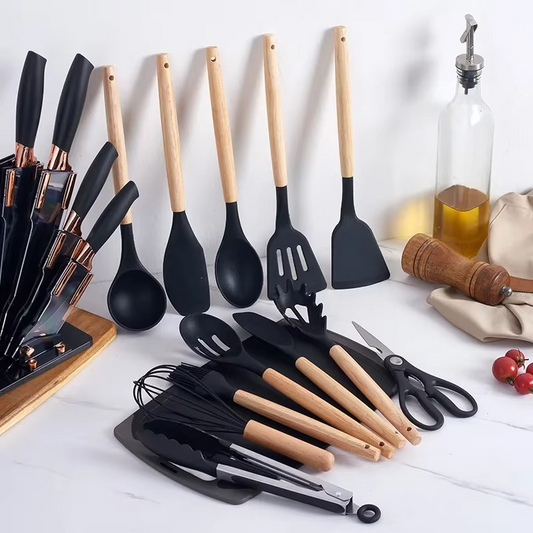 Kit Ustensiles Cuisine 19 Pièces en Silicone & Bois