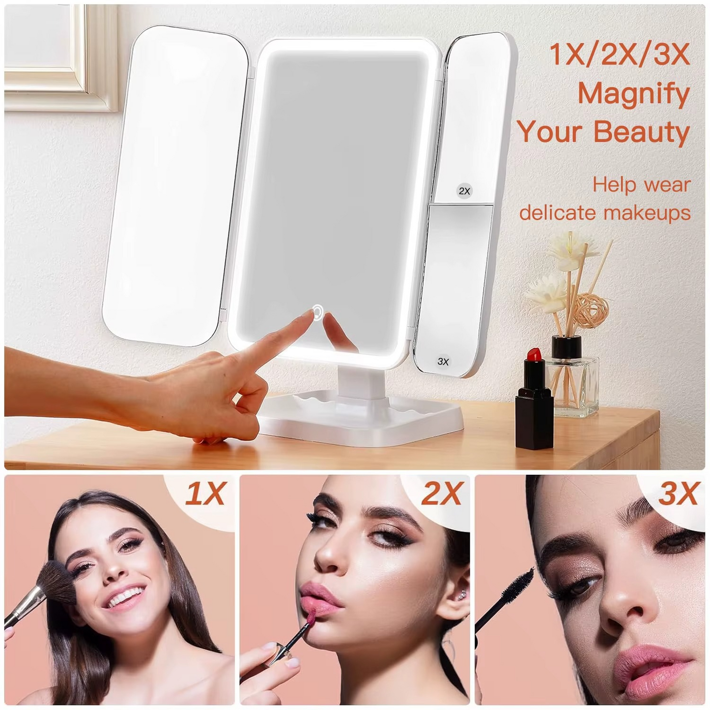 Miroir Maquillage LED Trifold – Rechargeable